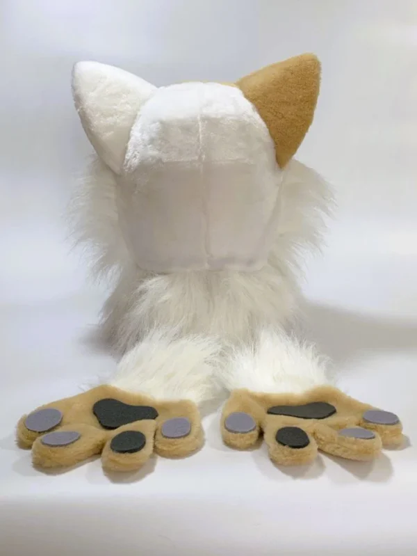 White beige cat fursuit head and hand paws for kids - Image 3