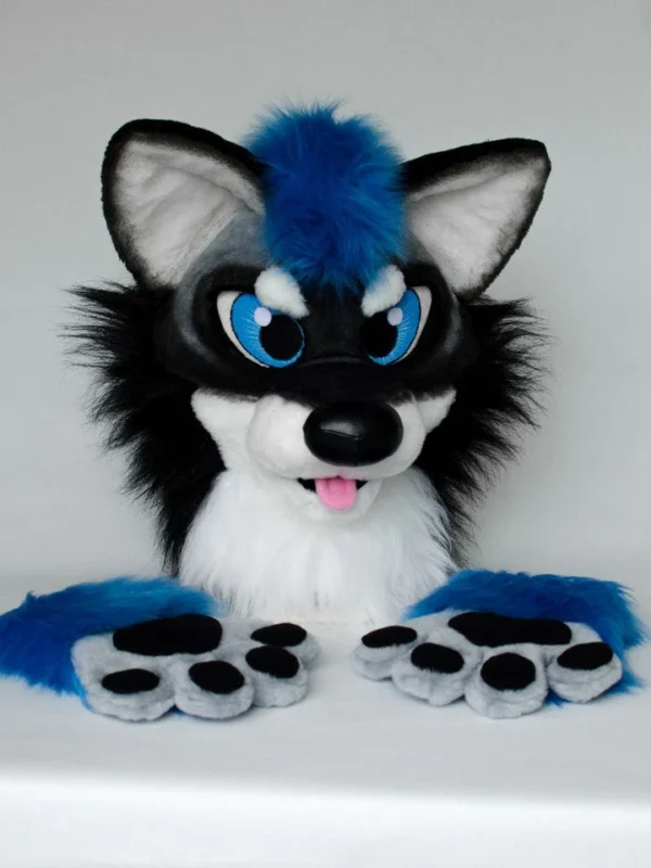 Black airbrushed wolf fursuit head, hand paws and tail