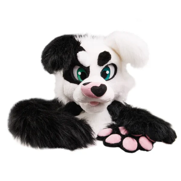 Black and white border collie dog fursuit head, hand paws and tail