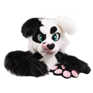 Black and white street dog fursuit head, hand paws and tail