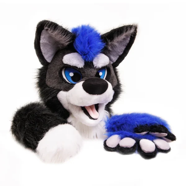 Black-blue wolf fursuit head, hand paws and tail