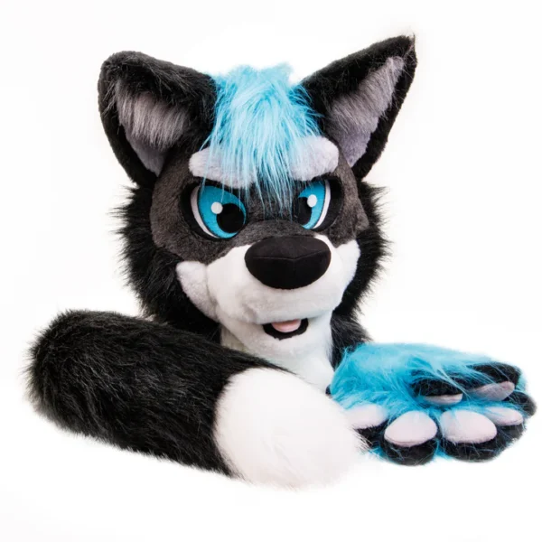 Black-turquoise wolf husky fursuit head, hand paws and tail