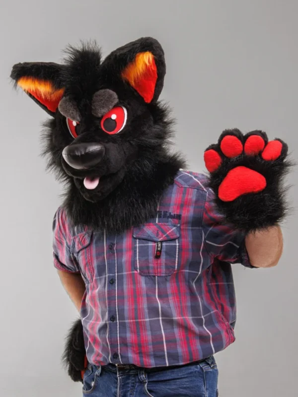 Black red wolf husky fursuit head, hand paws and tail - Image 3