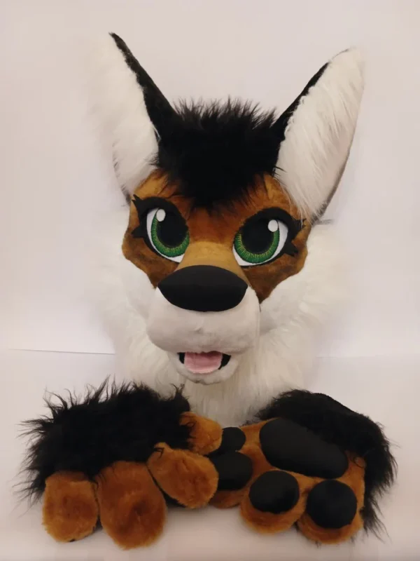 Brown airbrushed fox fursuit head, hand paws and tail