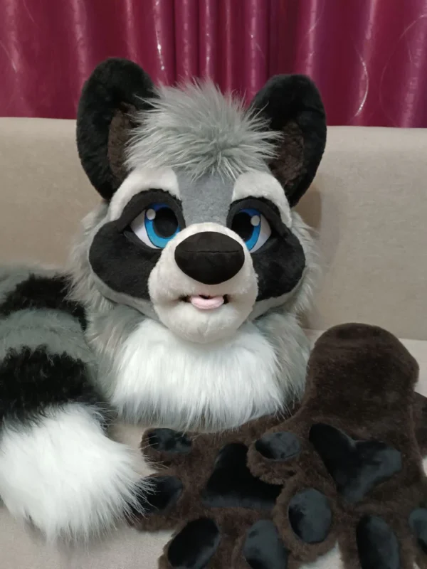 Brown raccoon fursuit head, hand paws and tail