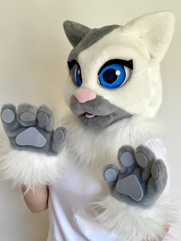 White-grey cat fursuit head and hand paws - Image 2