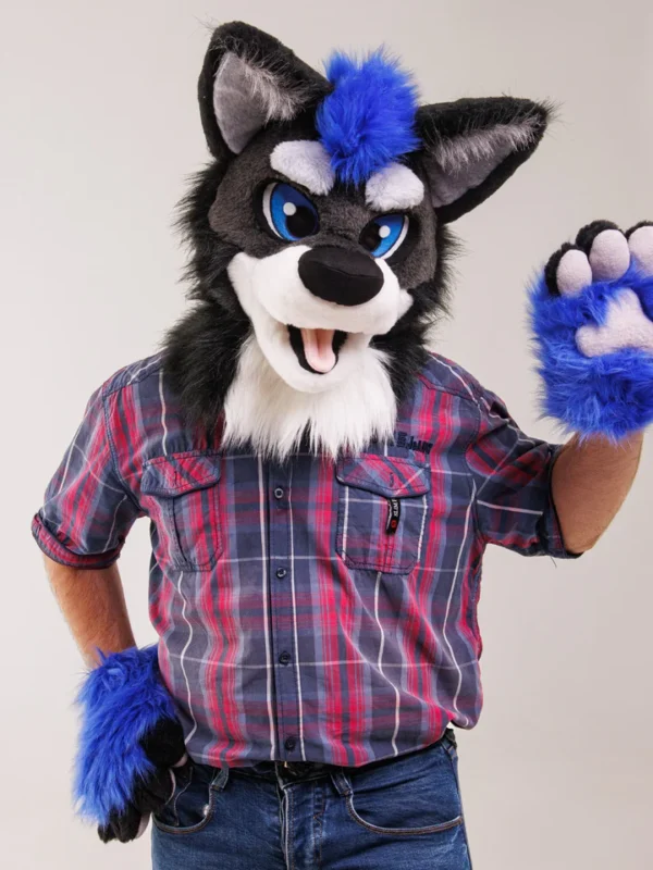 Black-blue wolf fursuit head, hand paws and tail - Image 3