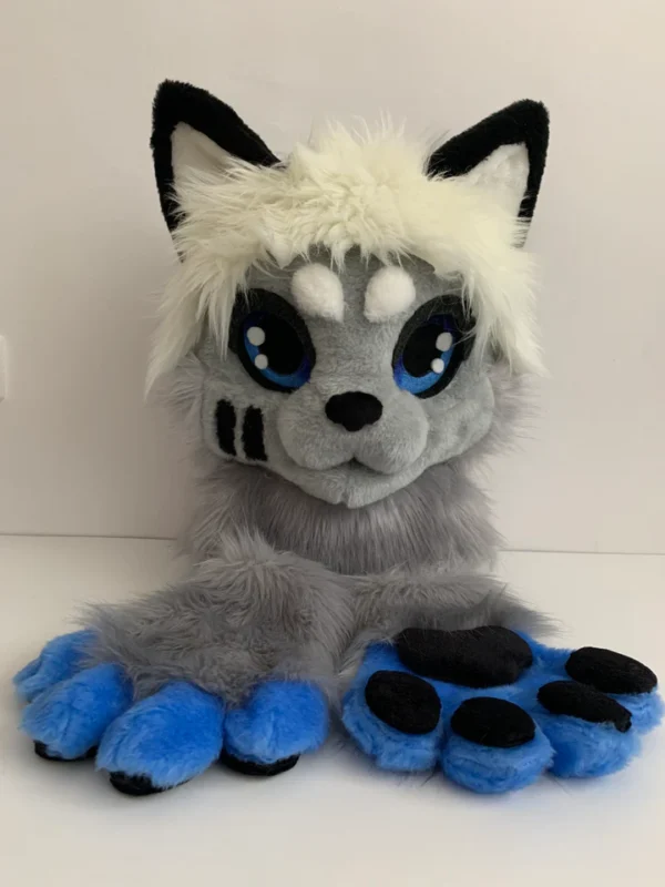 Grey cat kemono fursuit head and hand paws