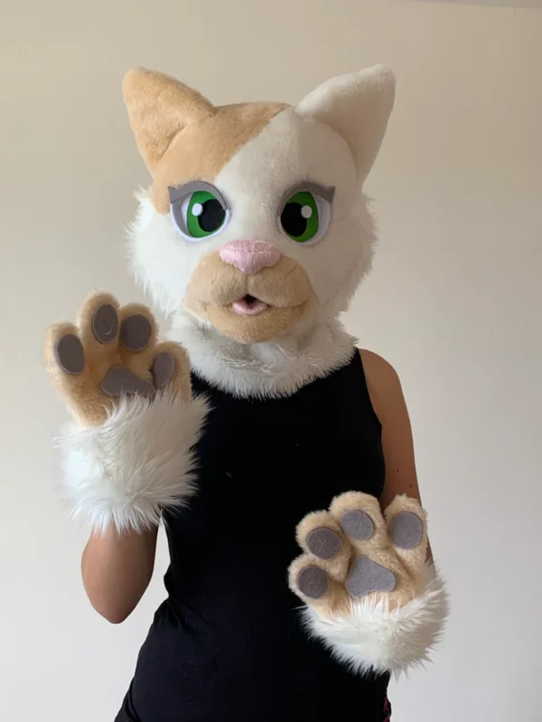 White beige cat fursuit head and hand paws for kids - Image 5