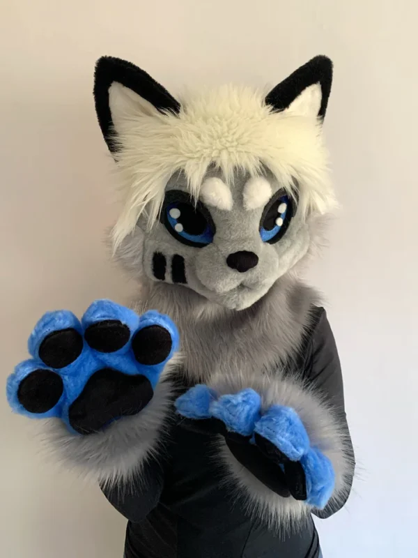 Grey cat kemono fursuit head and hand paws - Image 3