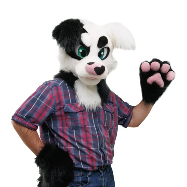 Black and white border collie dog fursuit head, hand paws and tail - Image 3