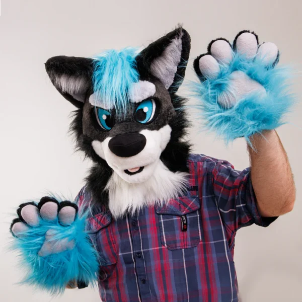 Black-turquoise wolf husky fursuit head, hand paws and tail - Image 2