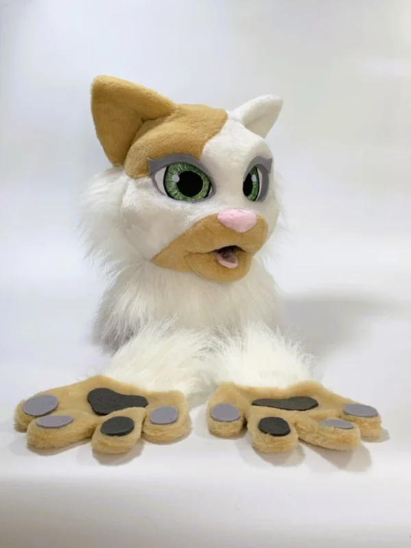 White beige cat fursuit head and hand paws for kids