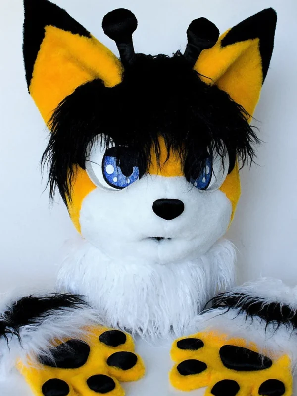 Yellow kemono cat fursuit head and hand paws for sale