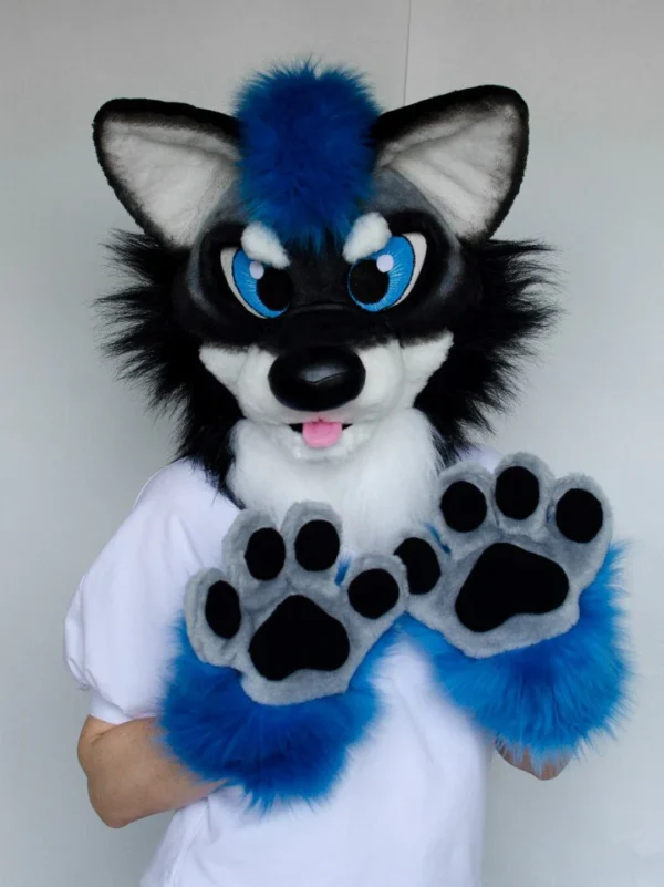 Black airbrushed wolf fursuit head, hand paws and tail - Image 4