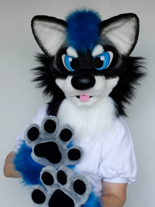 Black airbrushed wolf fursuit head, hand paws and tail - Image 3