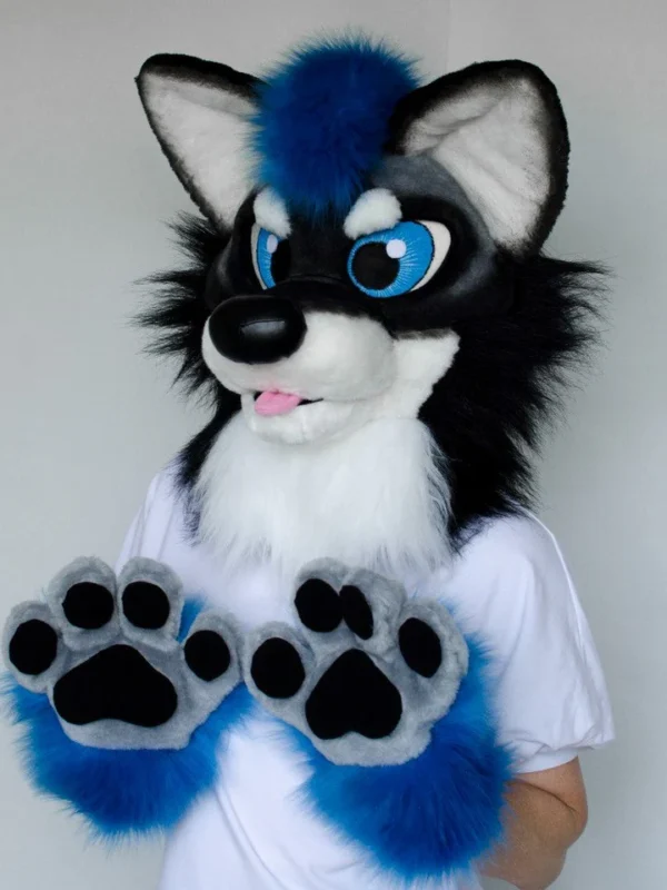 Black airbrushed wolf fursuit head, hand paws and tail - Image 5