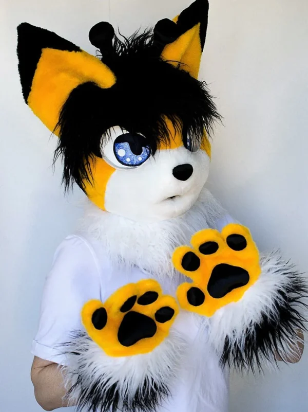 Yellow kemono cat fursuit head and hand paws for sale - Image 4