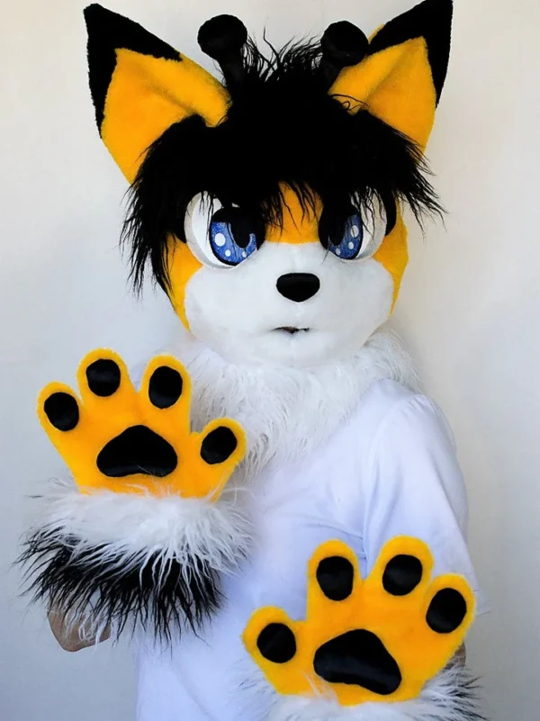 Yellow kemono cat fursuit head and hand paws for sale - Image 2