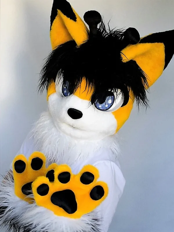 Yellow kemono cat fursuit head and hand paws for sale - Image 3